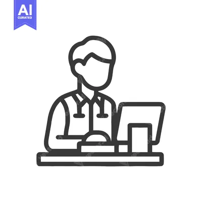 Aset premium populer: Doctor with stethoscope at a computer desk, a minimalist line art icon