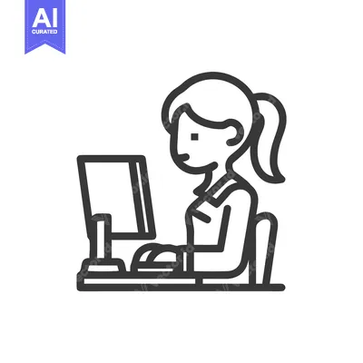 Focused Woman at Desk with Computer, Clean Vector Line Art Illustratio