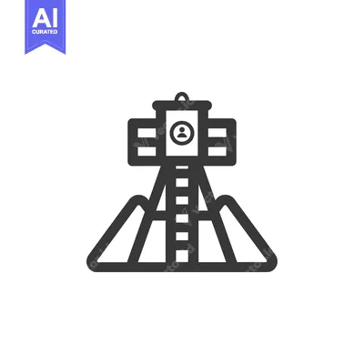 A black and white icon depicting a tower with a ladder and a person in