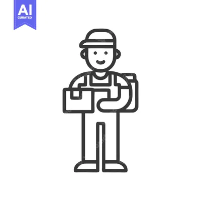 Aset premium populer: Friendly Courier in Overalls Holding a Parcel, Minimalist Black Line A