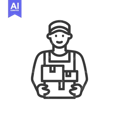 Aset desain premium: Minimalist Line Icon of a Smiling Courier Holding Two Cardboard Parcel