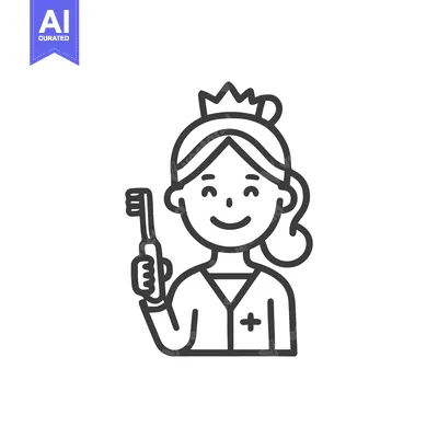 Premium design asset: Friendly Female Dentist with Crown Holding Toothbrush Line Art
