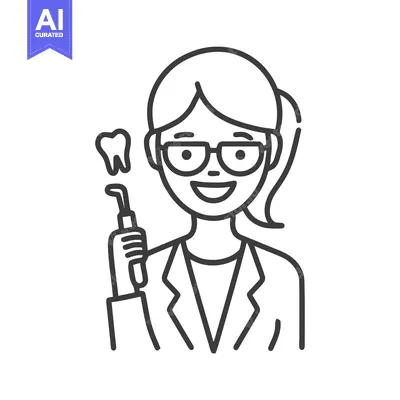 Friendly Female Dentist with Curing Light and Tooth Icon Line Art