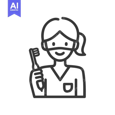 Aset desain premium: Smiling Female Dental Professional Line Art Icon with Toothbrush and M