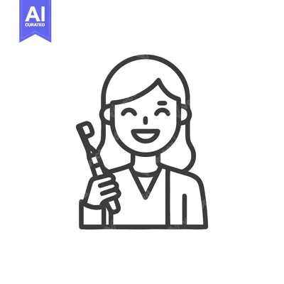 Aset desain premium: Smiling Woman Holding Toothbrush Line Art Icon for Dental Hygiene and
