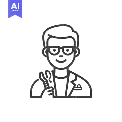 Aset desain premium: Smiling Technician with Wrench Icon - Professional Engineer Line Art A