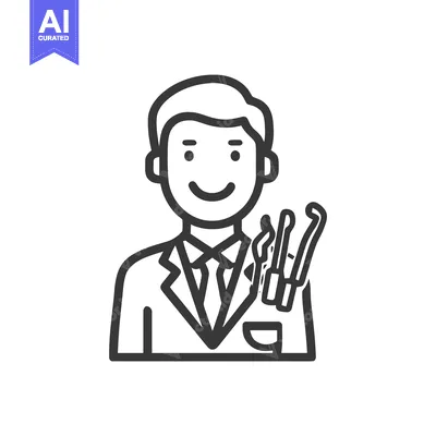 Friendly Dentist Character Line Art Icon with Smile and Dental Tools
