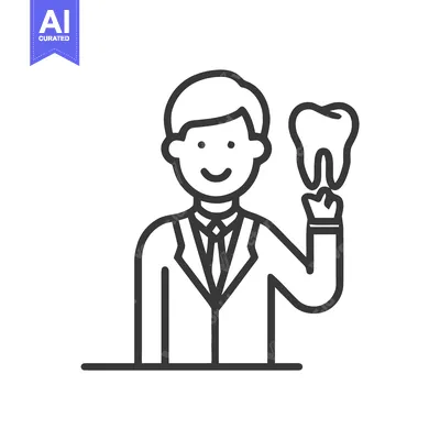 Aset desain premium: Smiling Male Dentist Holding Tooth Icon in Clean Line Art Style