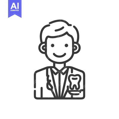 Aset premium populer: Smiling Male Dentist Line Art Icon Holding Tooth, Healthcare Professio
