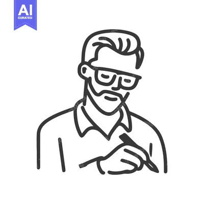 Aset premium populer: Stylized Line Art Icon of a Focused Bearded Man in Glasses Writing or