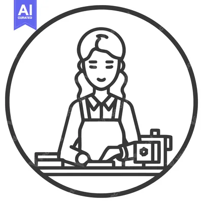Aset premium populer: Smiling Woman Sewing with Machine, Minimalist Line Art Icon in Circle