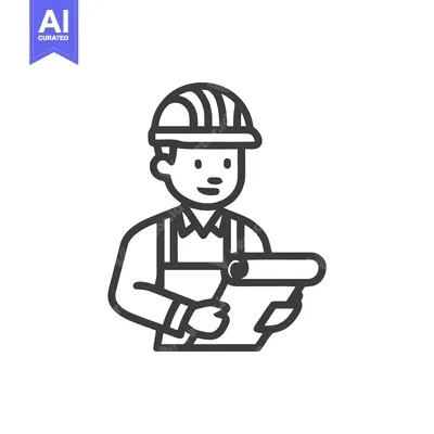 Minimalist Line Art Icon of Smiling Engineer with Hard Hat and Bluepri