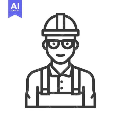 Aset desain premium: Friendly Builder in Hard Hat and Goggles, Minimalist Line Art Icon