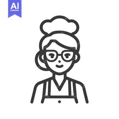 Aset premium populer: Friendly Female Chef Icon with Glasses and Hat, Minimalist Line Art