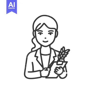 Smiling Female Agronomist Line Art Icon Holding Clipboard with Plant,