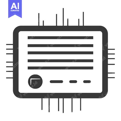 A black and white icon of a computer chip with data lines