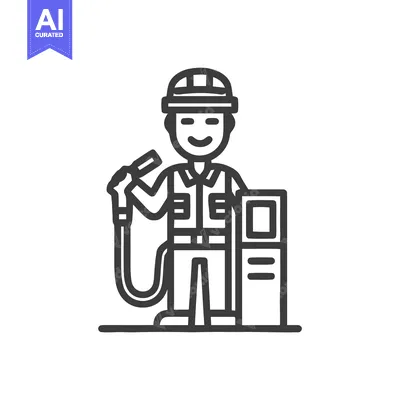 Aset premium populer: Smiling Gas Station Attendant in Uniform, Minimalist Line Art Icon