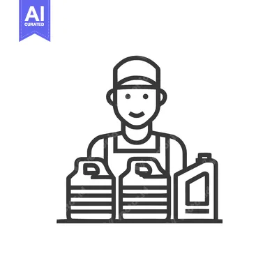Premium design asset: Friendly Mechanic with Motor Oil Jugs, Professional Service Line Icon