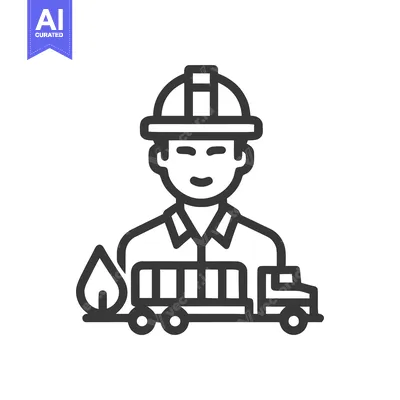 Minimalist Line Icon of a Fuel Transport Worker and Tanker Truck