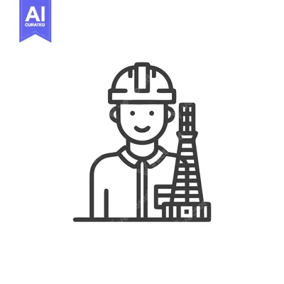 Friendly Engineer in Hard Hat Beside Tokyo Tower Outline Icon