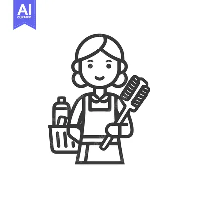 Friendly Housekeeper with Brush and Supplies, Minimalist Line Art Icon