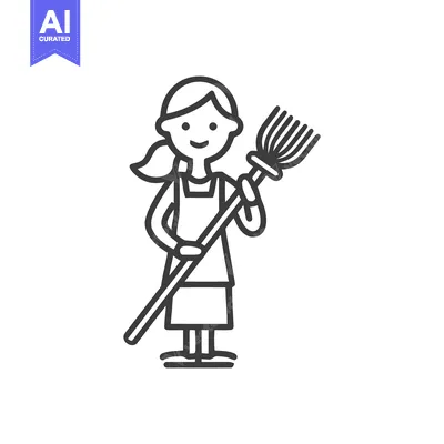 Aset premium populer: Friendly Cleaner Woman with Broom, Minimalist Black Line Art Icon