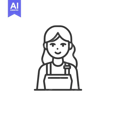 Premium design asset: Friendly Female Character with Long Hair in Overalls, Simple Line Art