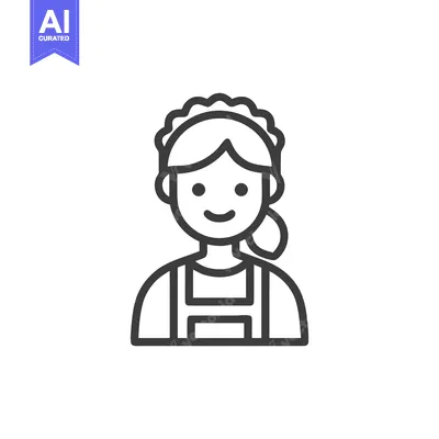 Aset desain premium: Smiling Maid in Uniform with Frilly Cap, Minimalist Line Art Icon
