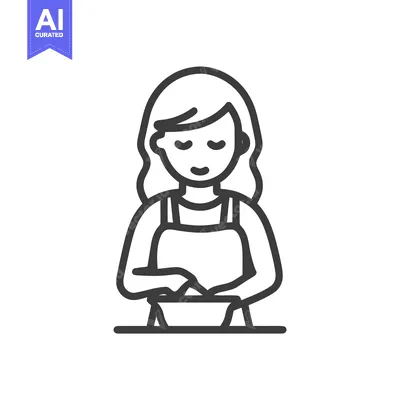 Joyful Home Cooking: Woman in Apron Mixing, Minimalist Line Icon