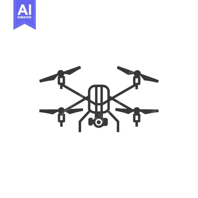 A black and white icon of a drone with four propellers and a camera