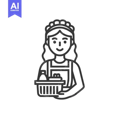 Premium design asset: Cheerful Housekeeper with Cleaning Supplies Basket, Line Art Vector Ic
