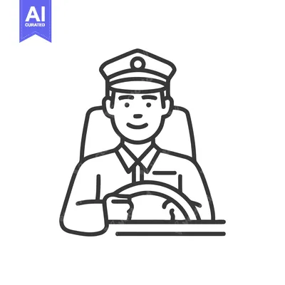 Professional Driver in Uniform at the Wheel, Minimalist Line Art Icon