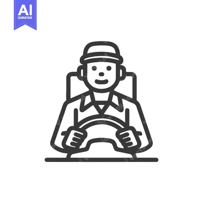 Friendly Driver in a Hat at the Wheel, Minimalist Line Art Icon