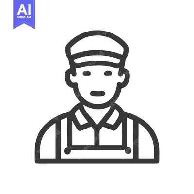 Simple Line Art Icon of a Male Worker in Overalls and Cap, Professiona