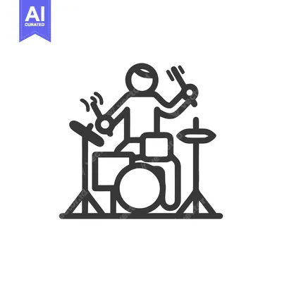 Bold line art icon of an energetic drummer playing a drum kit, capture