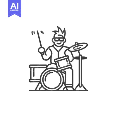 Energetic Punk Rock Drummer with Spiky Hair, Minimalist Line Art Icon