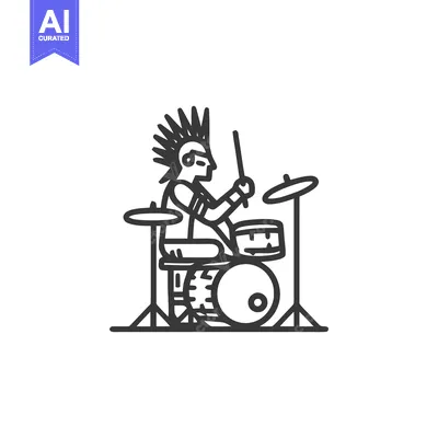 Dynamic Punk Drummer with Mohawk, Bold Monochrome Line Art Illustratio