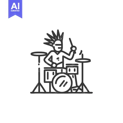 Aset desain premium: Energetic Punk Rocker with Mohawk on Drums Line Art Icon