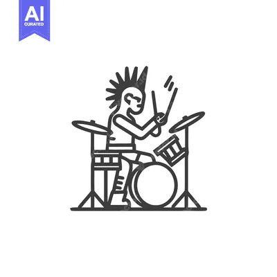 Energetic Punk Rocker with a Mohawk Playing Drums, Bold Line Art Icon