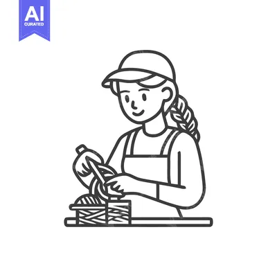 Aset premium populer: Focused Artisan Woman in Apron Weaving a Basket, Minimalist Outline Ic