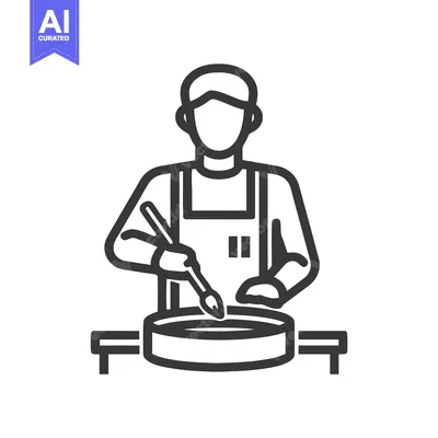Popular premium asset: Minimalist line art icon of an artisan in an apron mixing with a brush