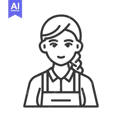 Aset premium populer: Friendly Female Worker with Braid and Apron, Clean Line Art Icon