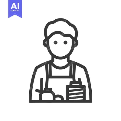Aset desain premium: Professional Cook Line Art Icon with Apron and Ingredients