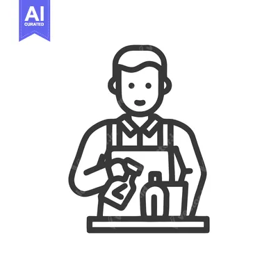 Friendly Service Worker with Apron and Cleaning Supplies Line Icon