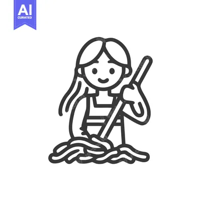 Cheerful Woman with Long Hair Mopping a Sudsy Floor, Minimalist Line A