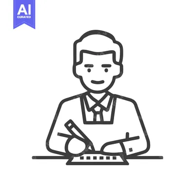 Aset desain premium: Professional man writing at a desk, minimalist line art icon for busin