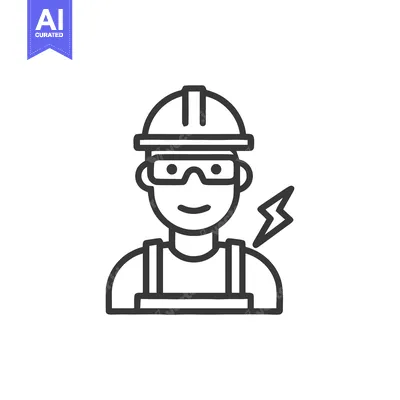 Premium design asset: Friendly Electrician Line Icon with Hard Hat and Lightning Bolt Symbol