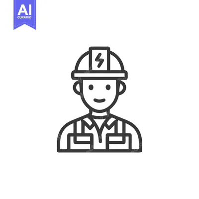 Aset premium populer: Friendly Electrician Worker Line Icon with Lightning Bolt Hard Hat