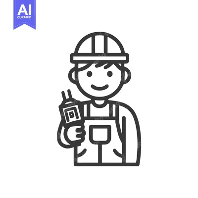 Friendly Construction Worker with Hard Hat and Walkie-Talkie Line Icon