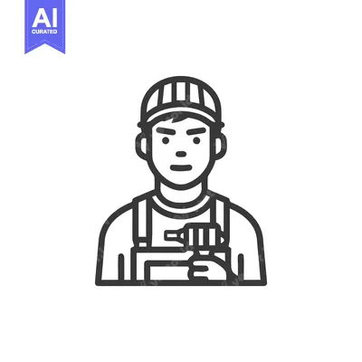 Aset desain premium: Bold Line Art Icon of a Handyman in a Cap Holding a Cordless Drill